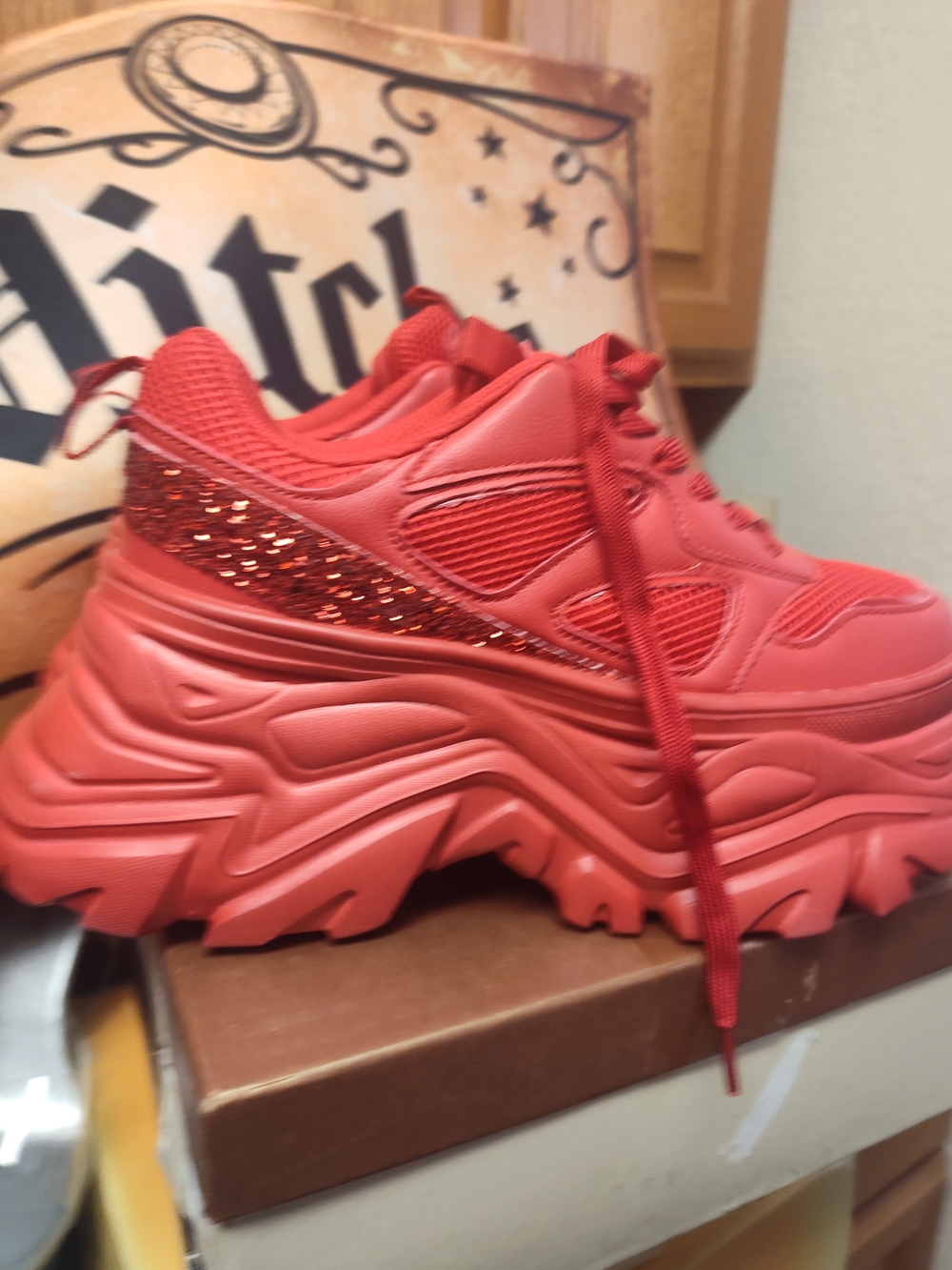 Red Platform Glitter Women's Sneakers - Picture 3 of 8